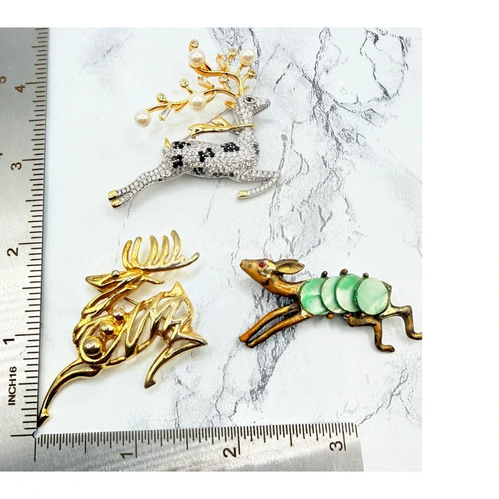 Christmas Reindeer Brooch Lot of 3 Rhinestone Pearl Green Gold Silver Tone